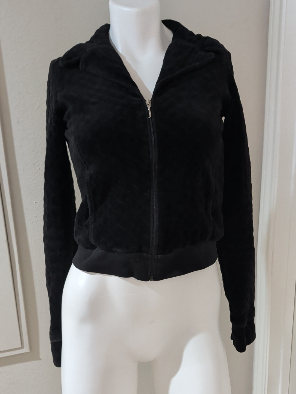 Authentic VTG Juicy Couture Black Quilted Zip-Up Bomber Hoodie Jacket Y2K Small